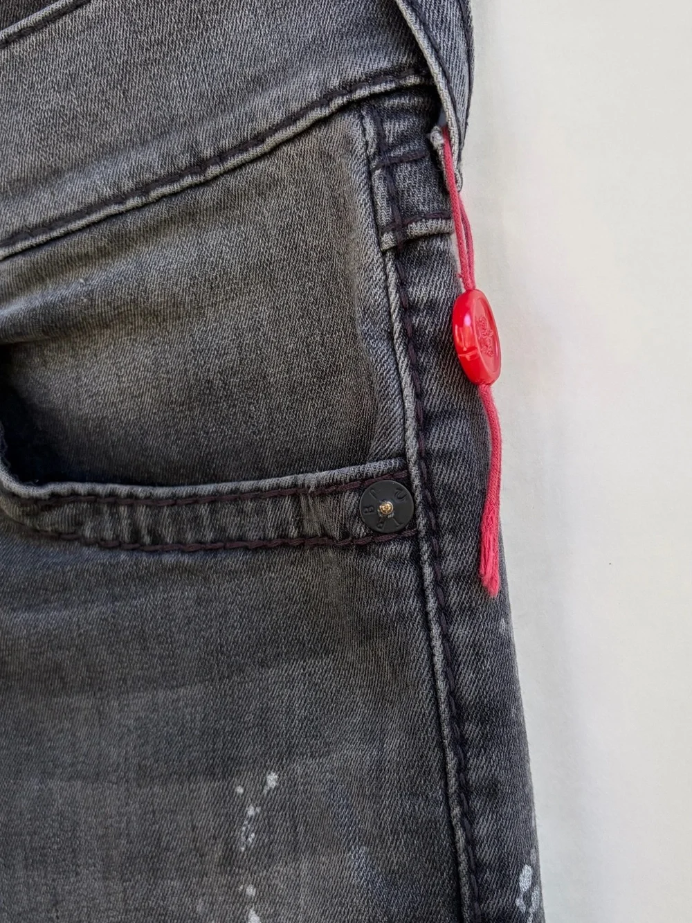 True Religion Straight Grey Acid Wash Paint Splatter Jeans